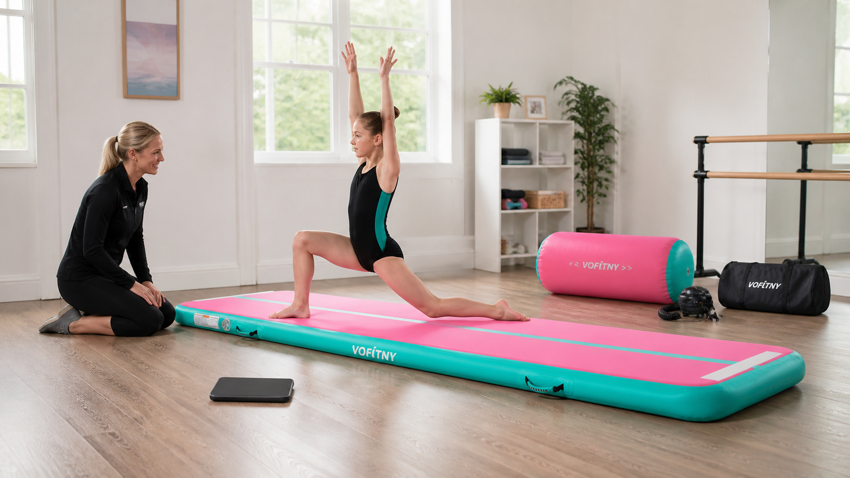 Gymnast practicing a controlled lunge on a VOFiTNY air mat with coach supervision