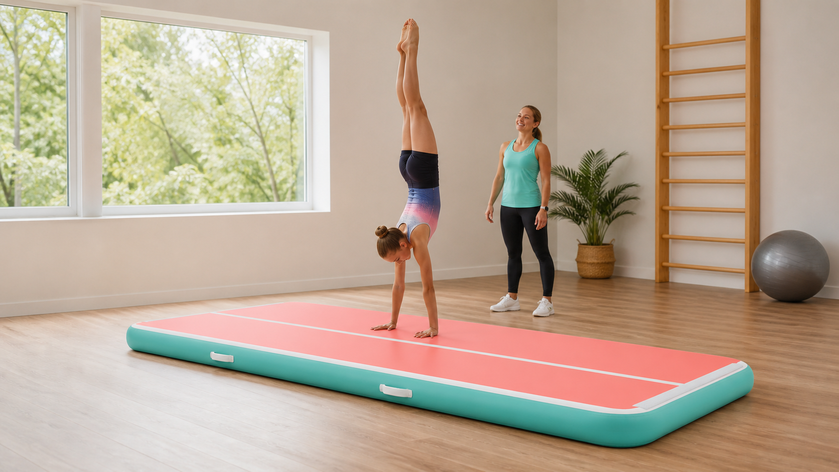 Gymnast practicing a handstand on a pink and teal inflatable air track with a coach