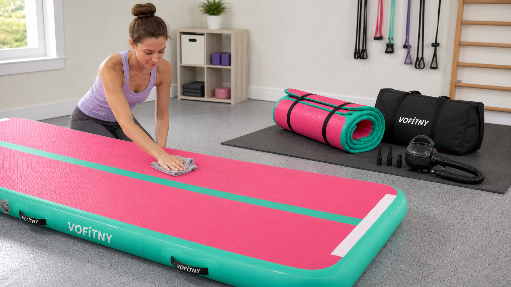 Adult gently cleaning a VOFiTNY inflatable gymnastics air mat with storage equipment nearby