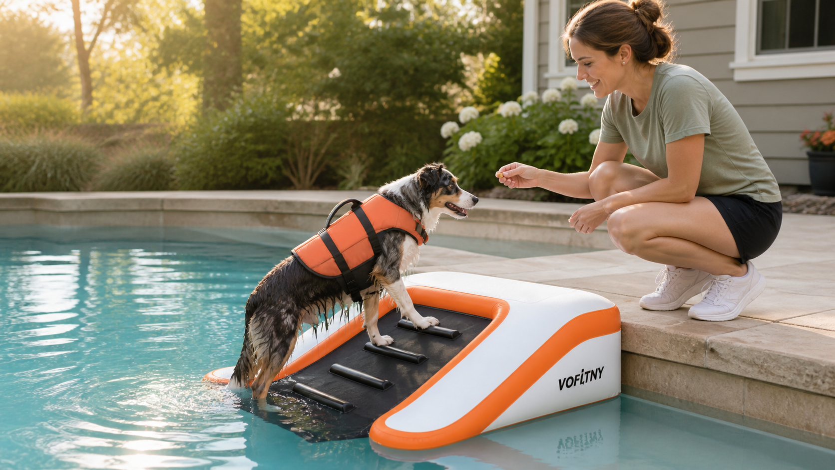 Dog in a life jacket learning to use a VOFiTNY inflatable pool ramp with positive reinforcement