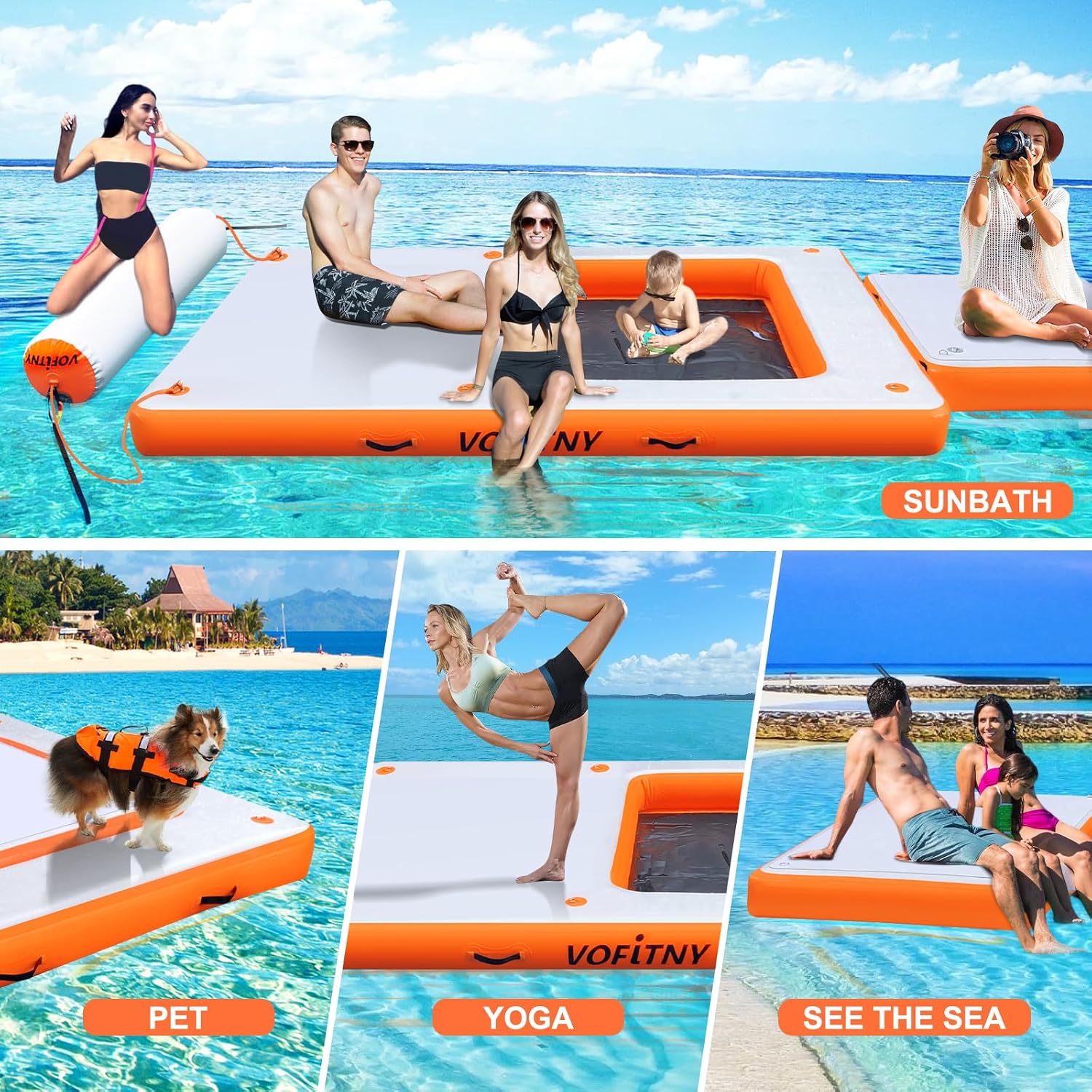 VOFiTNY Luxe 2-in-1 Inflatable Floating Dock & Lounge - Sunburst Orange