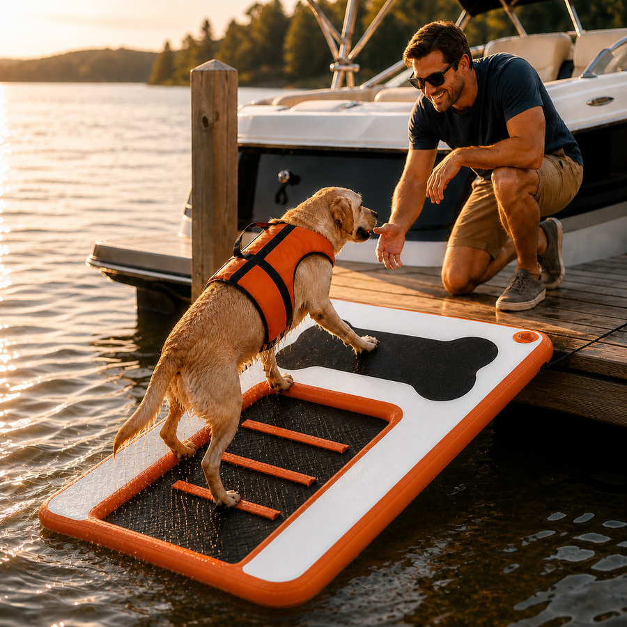VOFiTNY inflatable dog boat ramp in a premium golden-hour marina scene