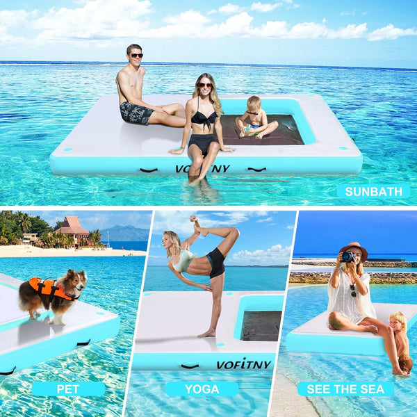 VOFiTNY Luxe 2-in-1 Inflatable Floating Dock & Lounge - Aqua Glow — family, yoga, and pet use scenes
