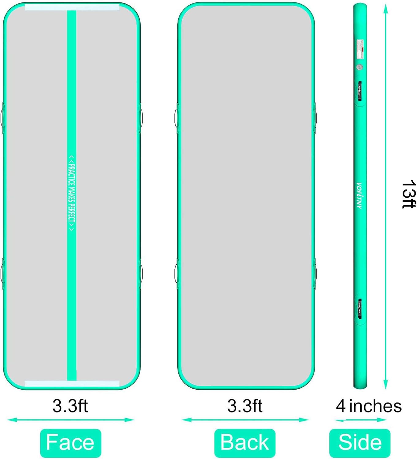 VOFiTNY Premium Gymnastics Air Mat & Roller Set(with Pump) - Mint Glow — double-sided air mat dimensions and color design