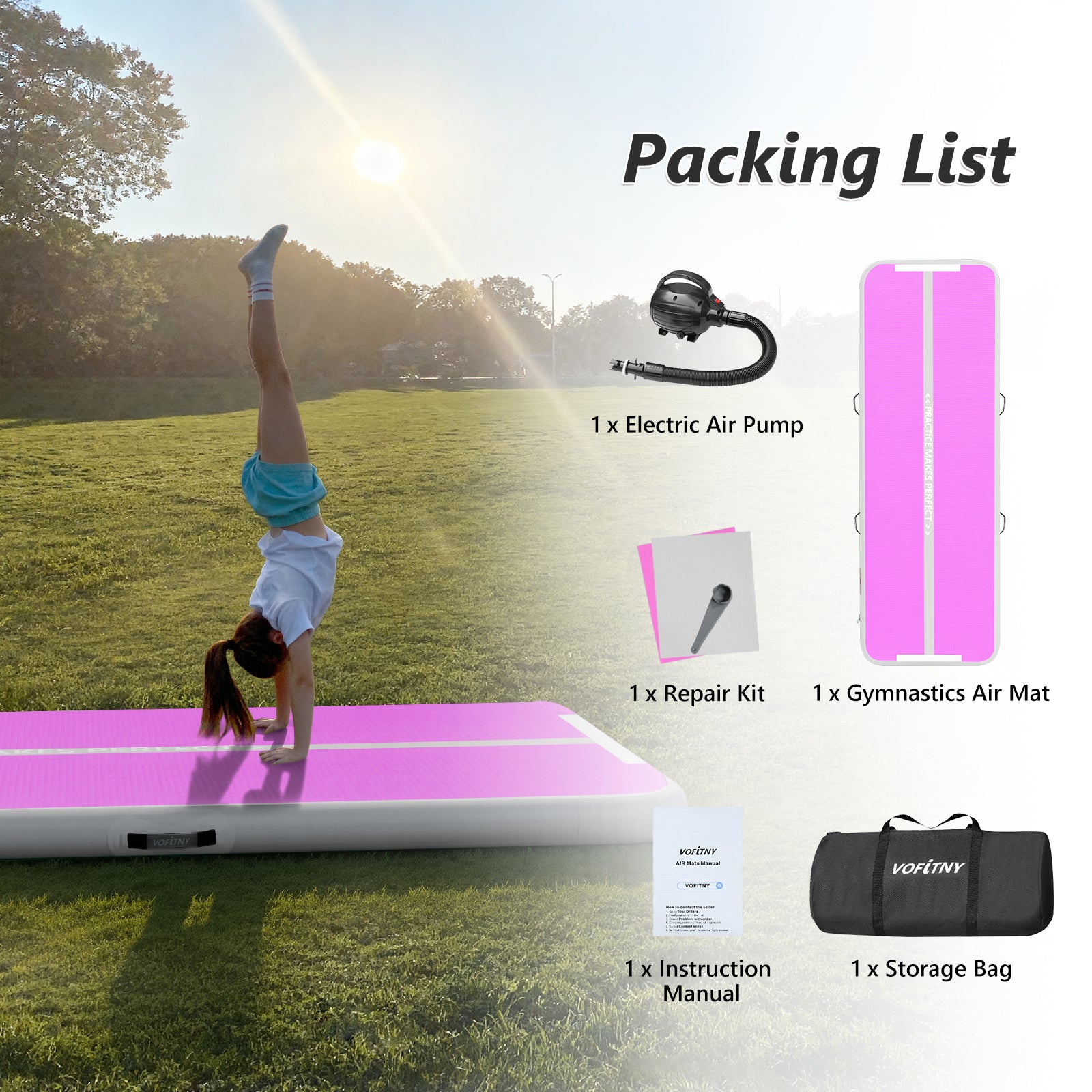 VOFiTNY Premium Gymnastics Air Mat -Orchid Glow — included electric pump, repair kit, manual, and carry bag