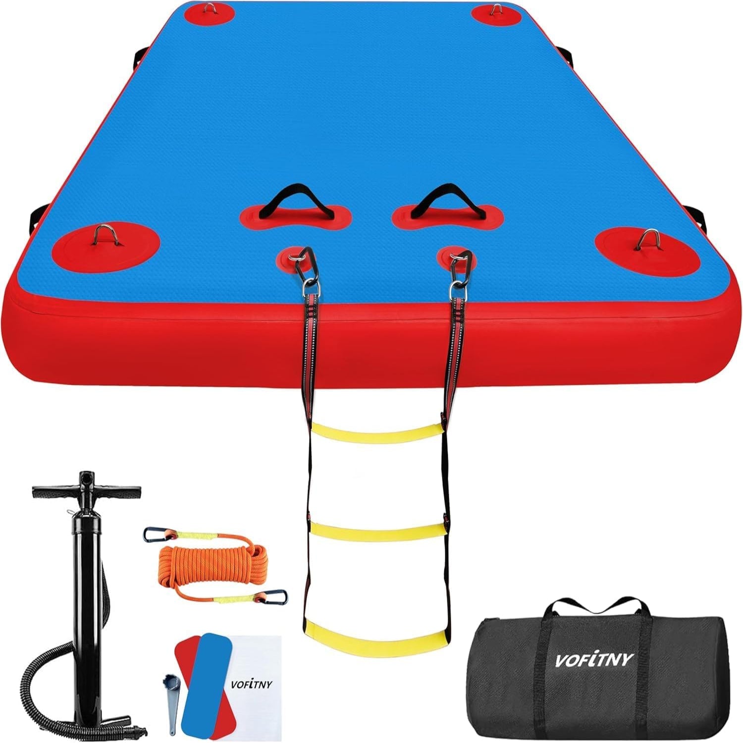 VOFiTNY Premium Inflatable Floating Dock - Mariner Crimson — inflatable floating dock with ladder, pump, and accessory kit