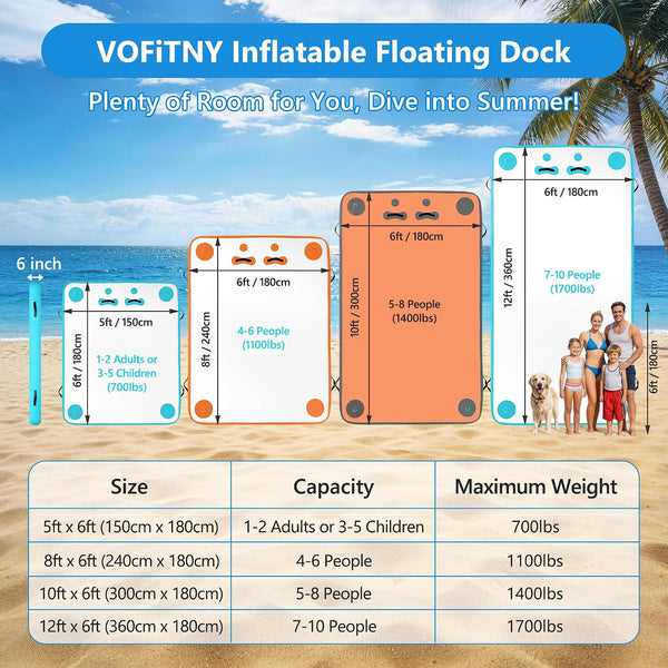 VOFiTNY Premium Inflatable Floating Dock - Mariner Crimson — size, capacity, and weight chart