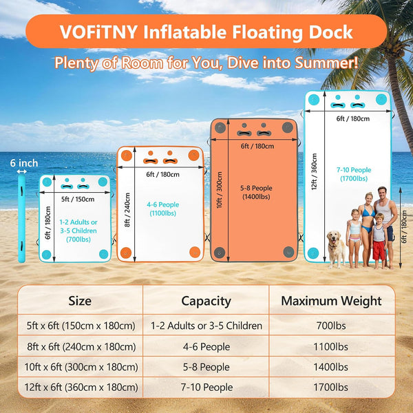 VOFiTNY Premium Inflatable Floating Dock - Sunburst Orange — size, capacity, and weight chart